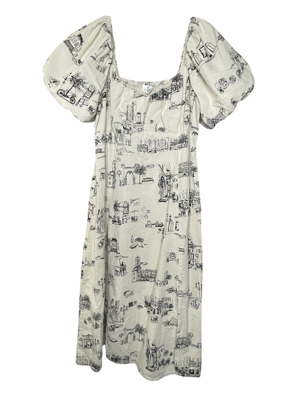 Tulip Creations Women’s Cream Puff-Sleeve Bistro Printed Midi Dress Sz M - Picture 2 of 4